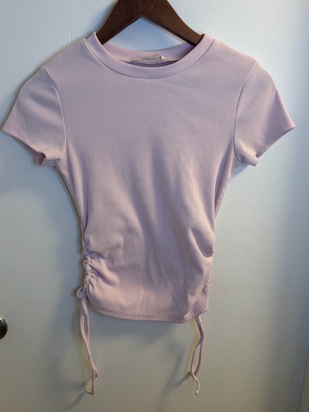 Baby Pink Ribbed Ruched Side Tie Top Women’s M Y2K Coquette Fitted Tee